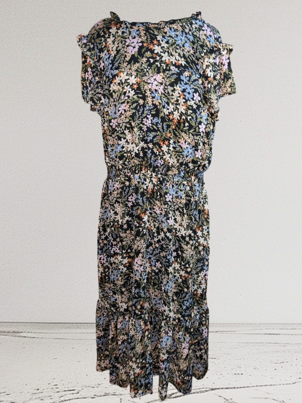 Black Floral Tiered Maxi Dress w/Pastel Blooms, P2P:23”, L:51, NWT